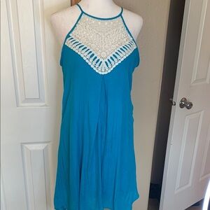 A. Byer Turquoise Halter Dress with Crochet Detail EUC